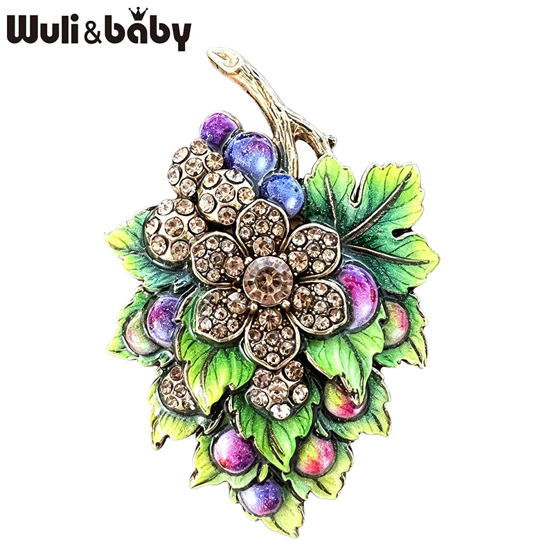 Wuli&baby Vintage Berry Flower Brooches For Women Unisex 4-color Rhinestone Red Black Currant Flowers Plants Office Brooch Pins