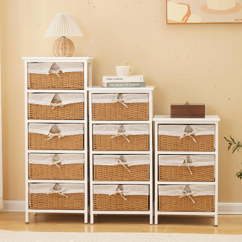Solid wood chest of drawers, storage cabinets, rattan baskets, fabric bedroom simple bedside tables, living room side cabinets