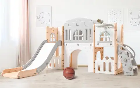 TWISTER.CK 8-in-1 Kids Indoor Playground Playset with Slide and Climber – Baby Activity Center for Toddlers 1-3, Indoor/Outdoor Slide with Basketball Hoop, Crawling Tunnel, Telescope, Toy Storage