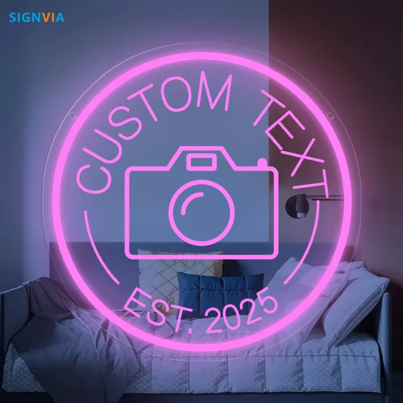 Logotipo da câmera personalizado led luz de néon alimentado por usb decoração de parede redonda para estúdio fotográfico festa iluminação comercial led sinal de negócios