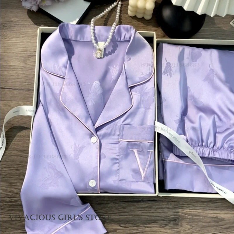 

Женский пижамный комплект из жаккарда с бабочками, из ледяного шелка, с длинными рукавами и брюками, весенняя новинка, домашняя одежда для сна