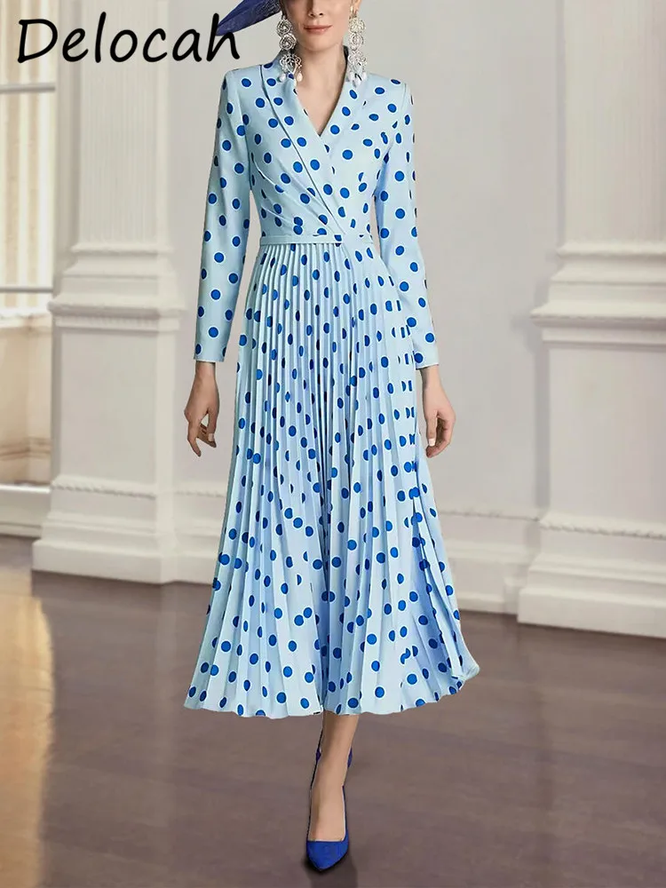 Delocah French Polka Dot Blue Pleated Dress Female Long-sleeved Elegent Retro V-neck Niche Slim New Long Dress