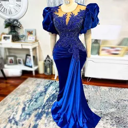 Stunning Royal Blue Velvet Asoebi Prom Dresses Luxury Beaded Puff Short Sleeve Nigerian African Wedding Party Dress Evening Gown