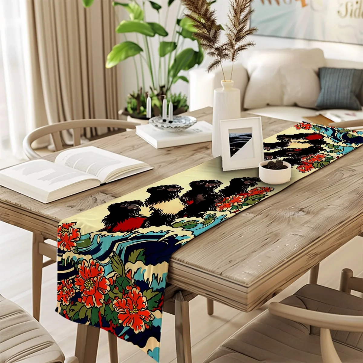 decor table runner Guinea Pigs Peony Flowers Ukiyoe Style Tablecloth for family dinner wedding parties,dresser scarf table decor