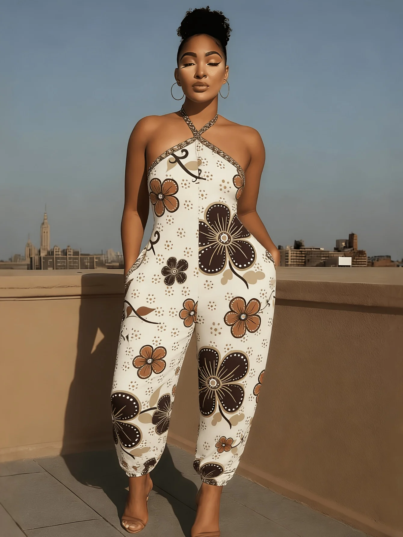 

Винтажный богемный комбинезон с крупным цветочным принтом, на бретелях, без рукавов, с открытой спиной, с завышенной талией, свободного кроя, для повседневной носки