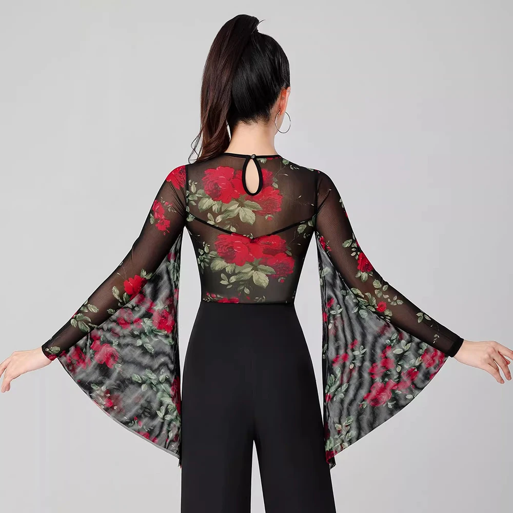 Damskie bluzki do tańca latynoamerykańskiego na występy, koszulki do tańca towarzyskiego, trykoty, bluzki z długim rękawem do walca, nowoczesne stroje taneczne, kostiumy, 2025