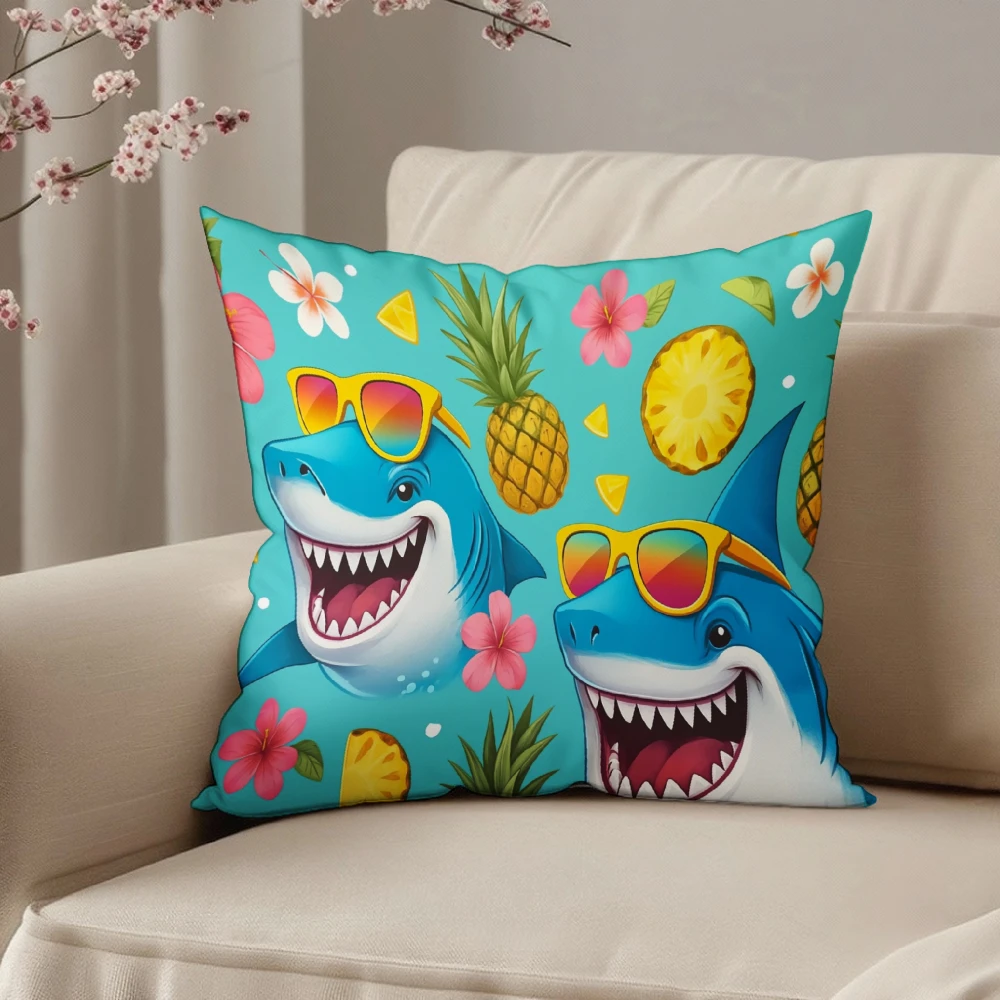 Square Throw Pillow Case Turquoise Blue Funny Shark Wearing Sunglasses Pineapple And Hibiscus Flower Print Tropical Summer Style
