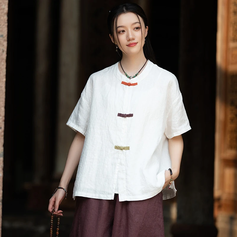 Style chinois femmes coton lin chemise décontractée nouveauté 2025 été Vintage col montant femme à manches courtes hauts chemises M1643