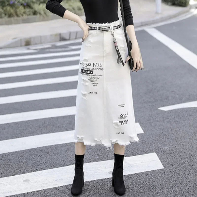 

S-5XL Women Denim Skirt Spring Summer Fashion Casual Medium-long Package Hip Irregular Hem Slim Waist Skirts Jeans Female L644