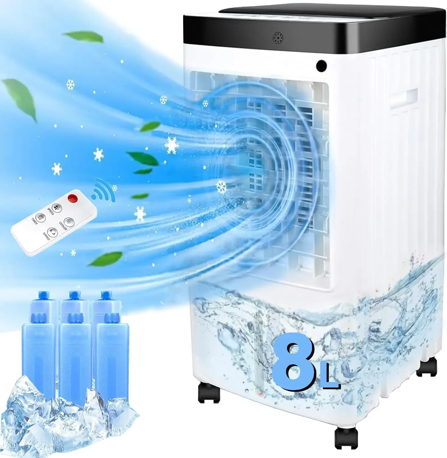 

Air Conditioners, 2024 New Quiet Swamp Cooler with 8 Liter Tank, Remote Control, 3 Speeds, 70° Oscillation, 6 Ice Packs, Fast