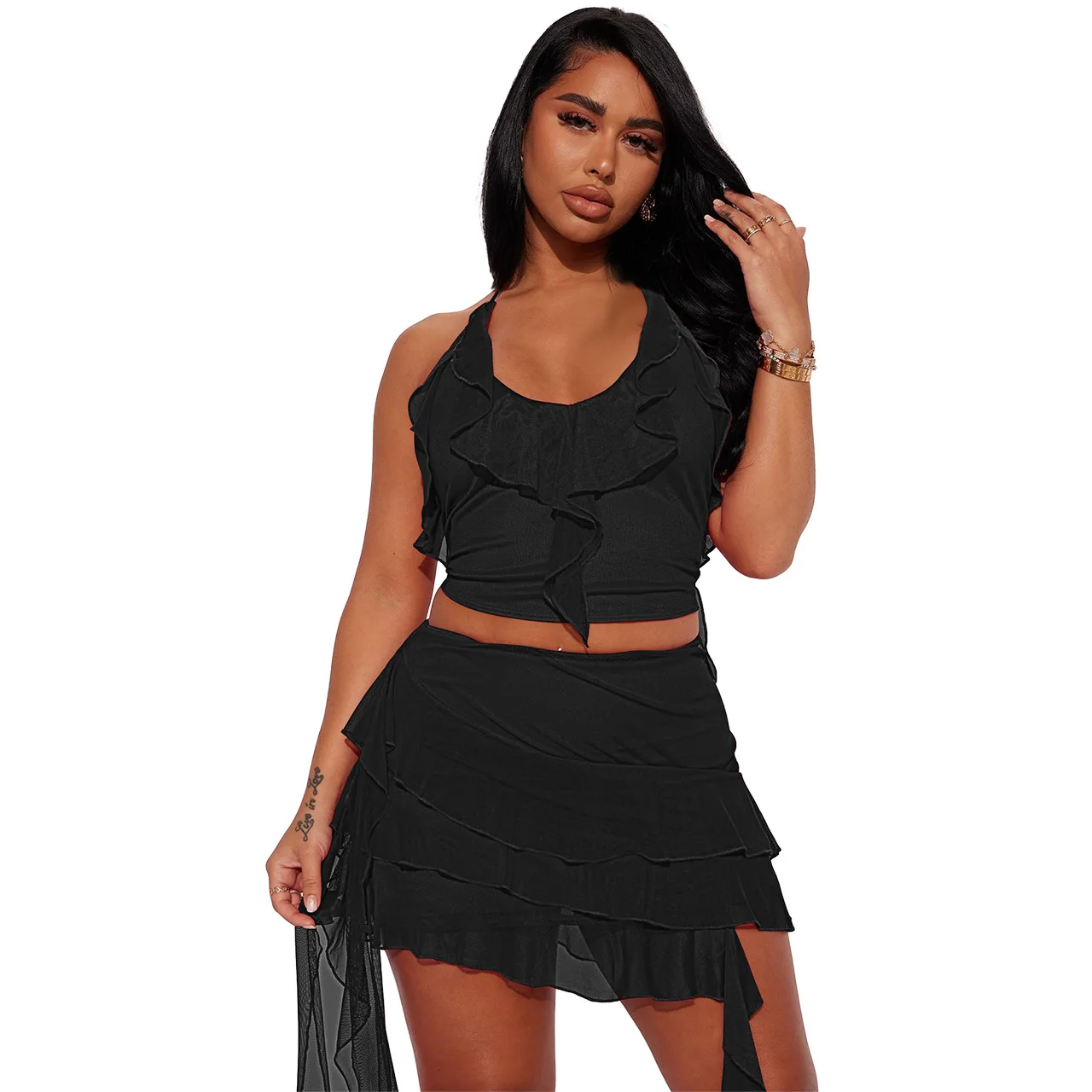 Swimwear Women 2024 Cover Up Costumes Summer Pareo Praia And Saida De Feminino Hanging Strap Mesh Perspective Ruffle Edge Sexy