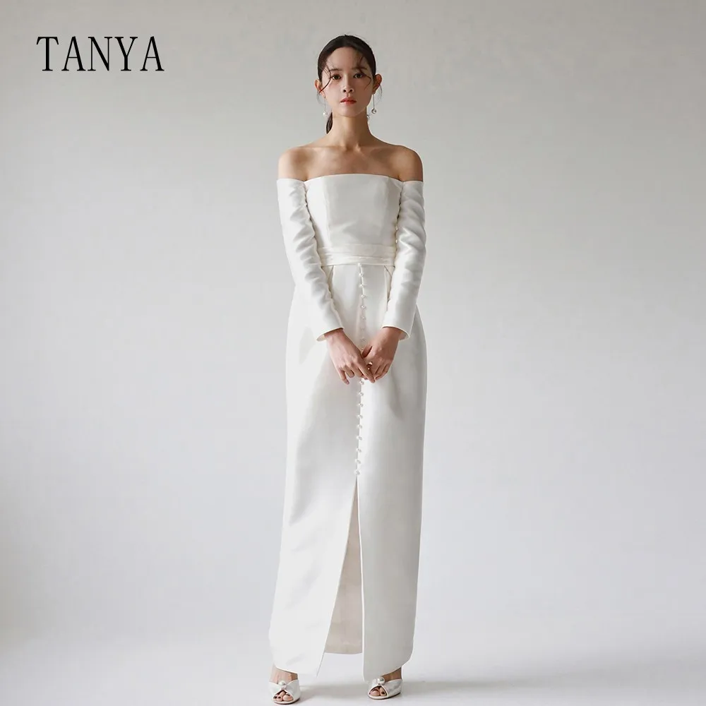 

Boat Neck Satin Wedding Dresses For Women Simple Long Sleeves High Split Sheath Ankle Length Lace Up Elegant Bridal Gown TSWD120