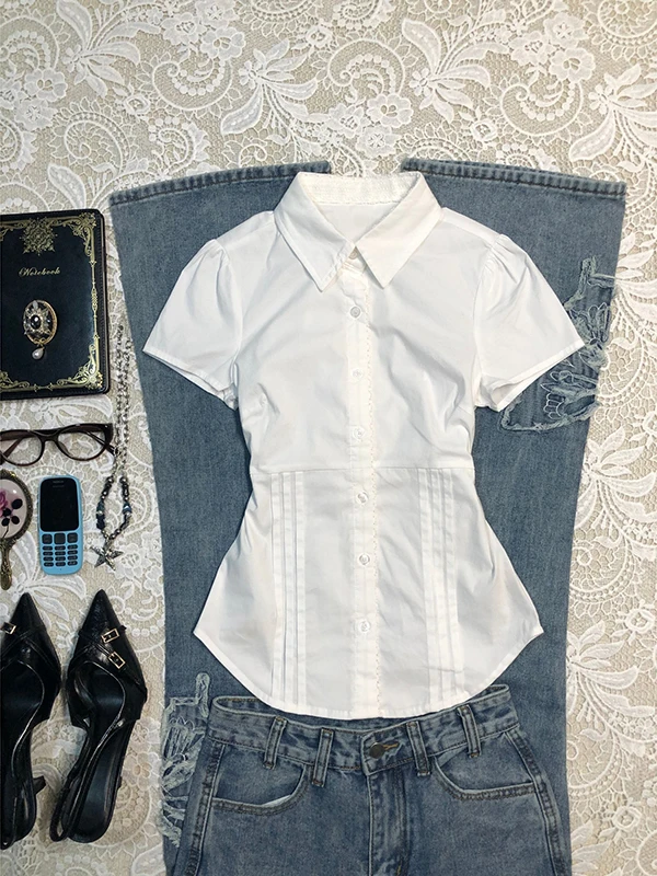 Originele diepblauwe V-ne ort Sve irt dames zomer vintage vintage Sle katoenmix recht gesneden woon-werkverkeer Sle irt