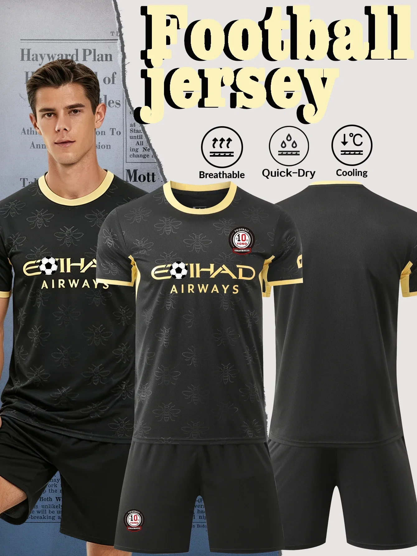 Black Gold Men Football Jersey Set Short Sleeve Soccer Uniform Breathable Quick Dry Football Shirt And Shorts For Team Training