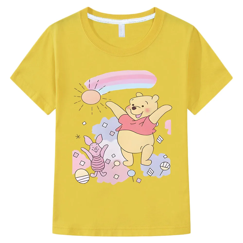 Winnie Bear Cartoon Print Cute Kids T Shirt Kawaii Girls T-shirt Children's Clothes 2024 Summer Short Sleeve Baby Boys Tops