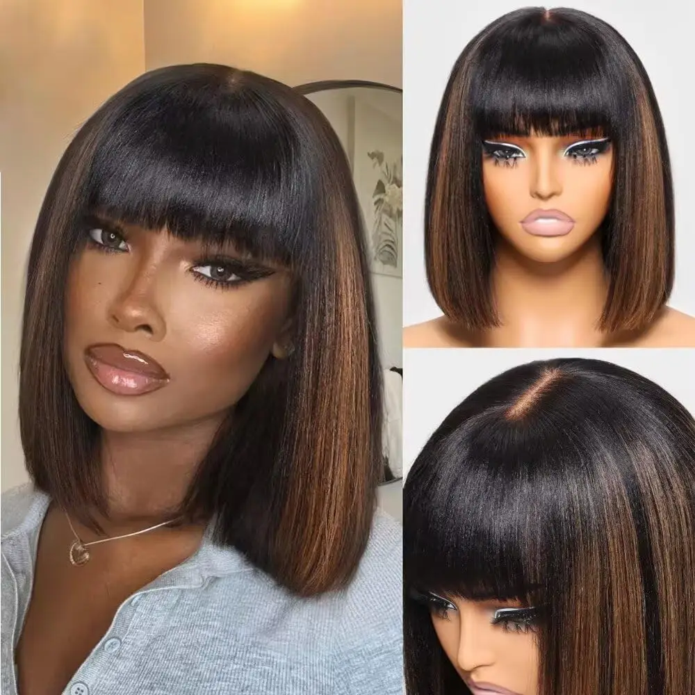 

10 Inch 1b/30 Highlight Bob Wigs Human Hair With Bangs Short Straight 2x1 Lace Front Wig Glueless Wig 100% Human Hair For Women