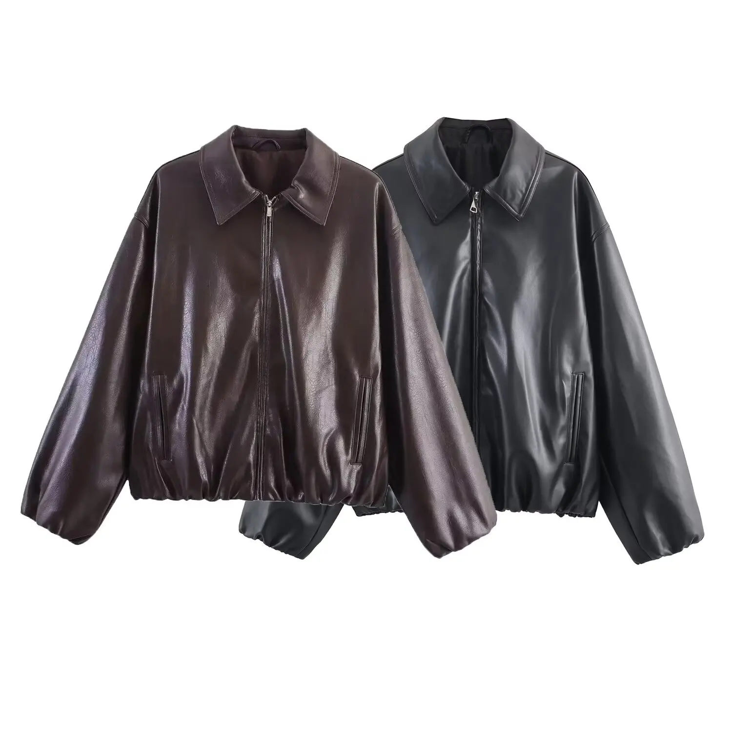 

KIDCRKJ Women Spring Leather Jacket Lapel Collar Solid Zipper Elastic Hem Lady Bomber Coat Highstreet Causal Female Outwear