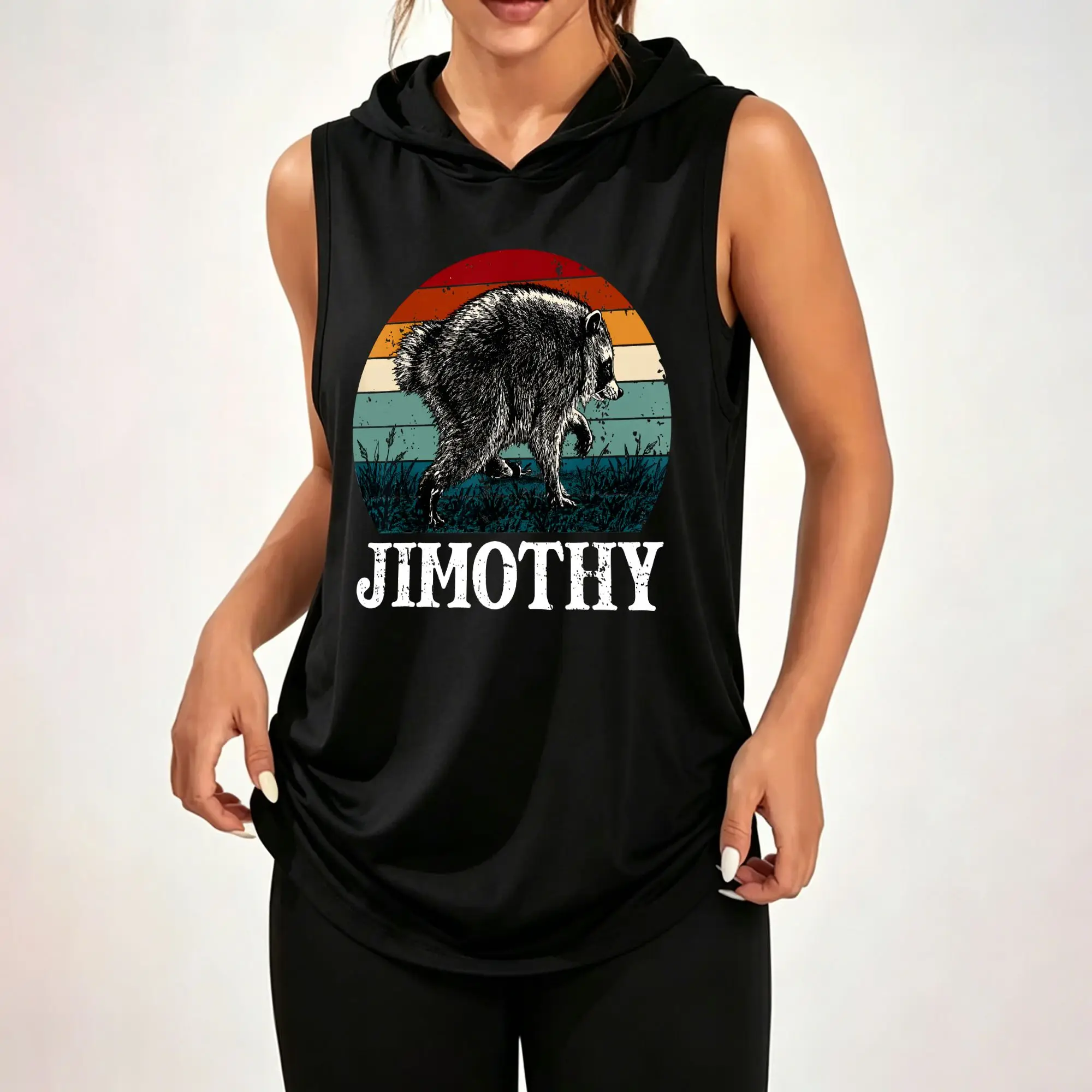 Women's Sleeveless Hoodie, Jimothy Raccoon Retro Sunset Circle Vintage Print Casual Hooded Tank Top