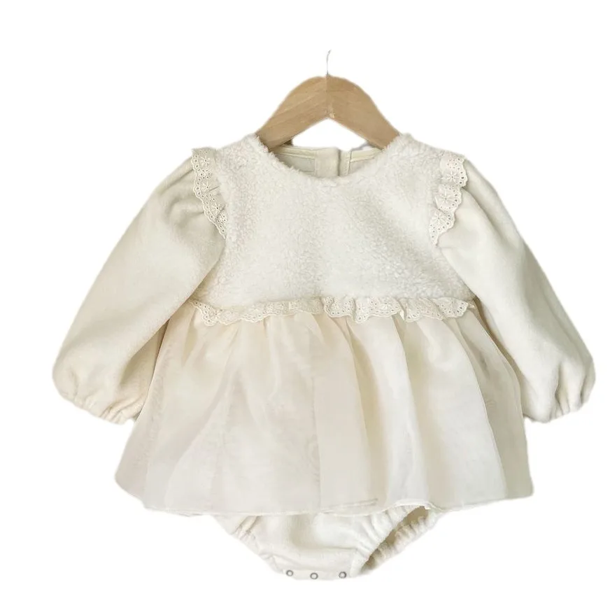 Bodysuit quente de lã para bebês, vestido de pelúcia com renda princesa, macacão e chapéu manga comprida, bodysuit infantil, inverno, novo, moda,