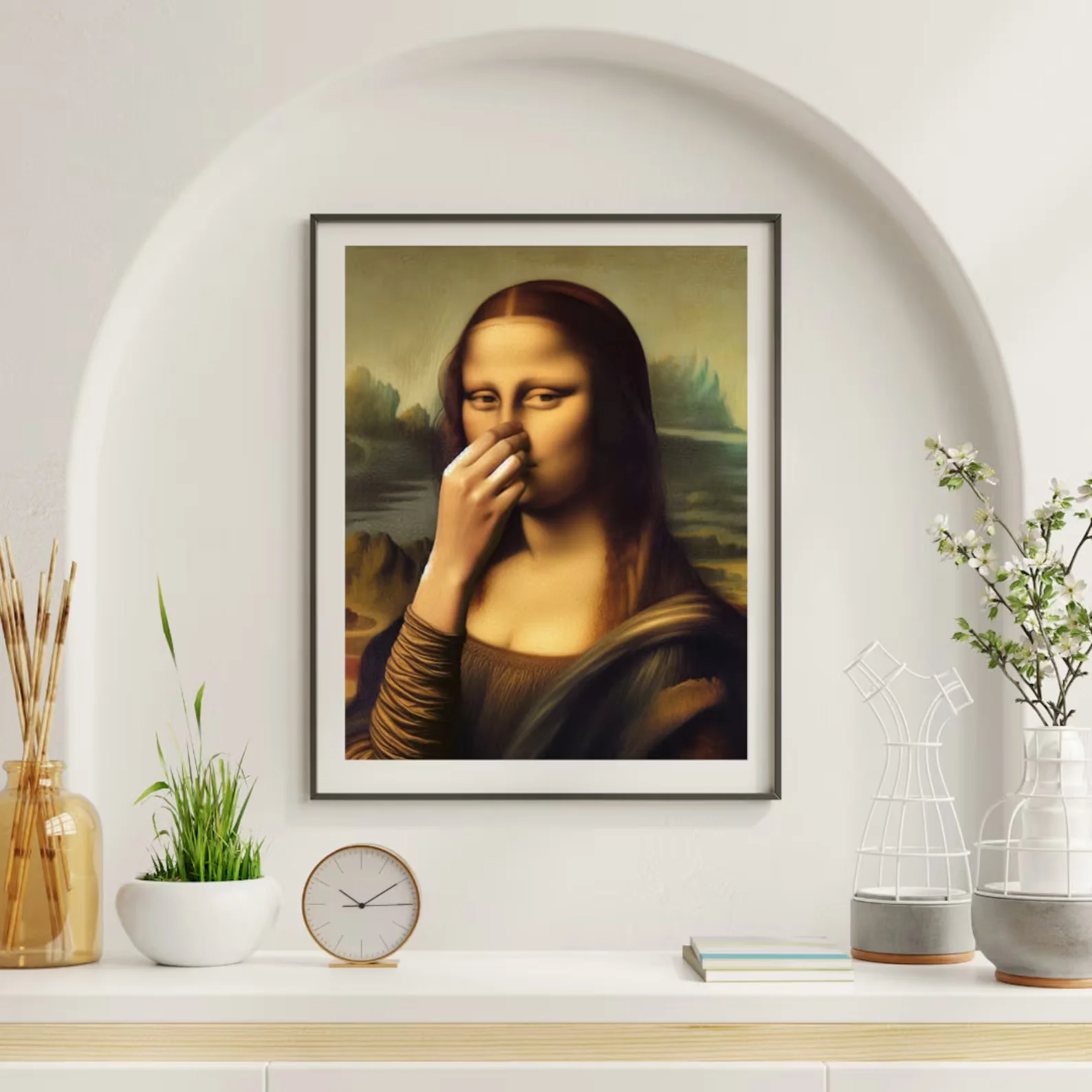 محاكاة ساخرة الموناليزا الحمام جدار ديكور فني يغطي أنفها خمر رائحة سيئة المشارك طباعة المرحاض الفكاهة مضحك ليوناردو دافنشي في