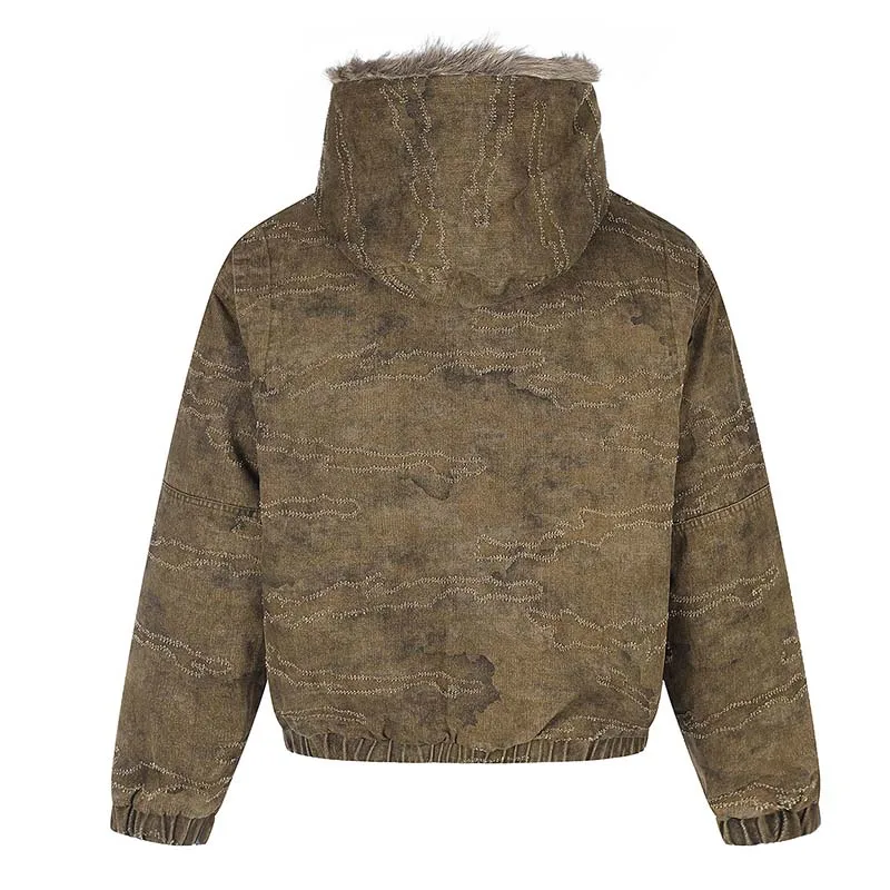 Camouflage Printed Fleece Lined Jackets Coats Harakuju Streetwear Casual Outwear Tops For Male Parka
