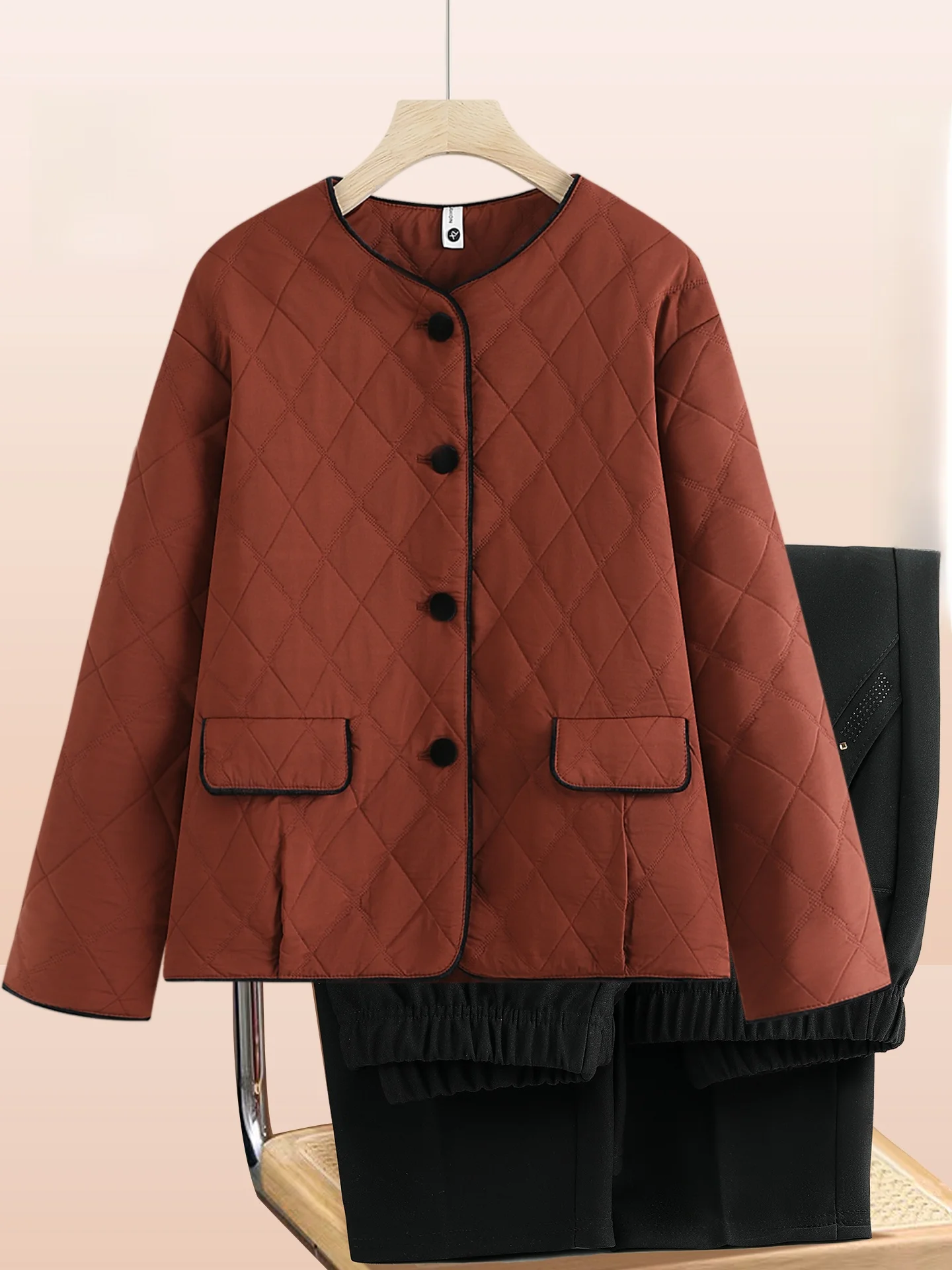 

Casual Loose Women's Jaet Middle-Aged Faion Spring Autumn Diamond Pattern Cotton Insert Outerwear Comfortable All-Match Top