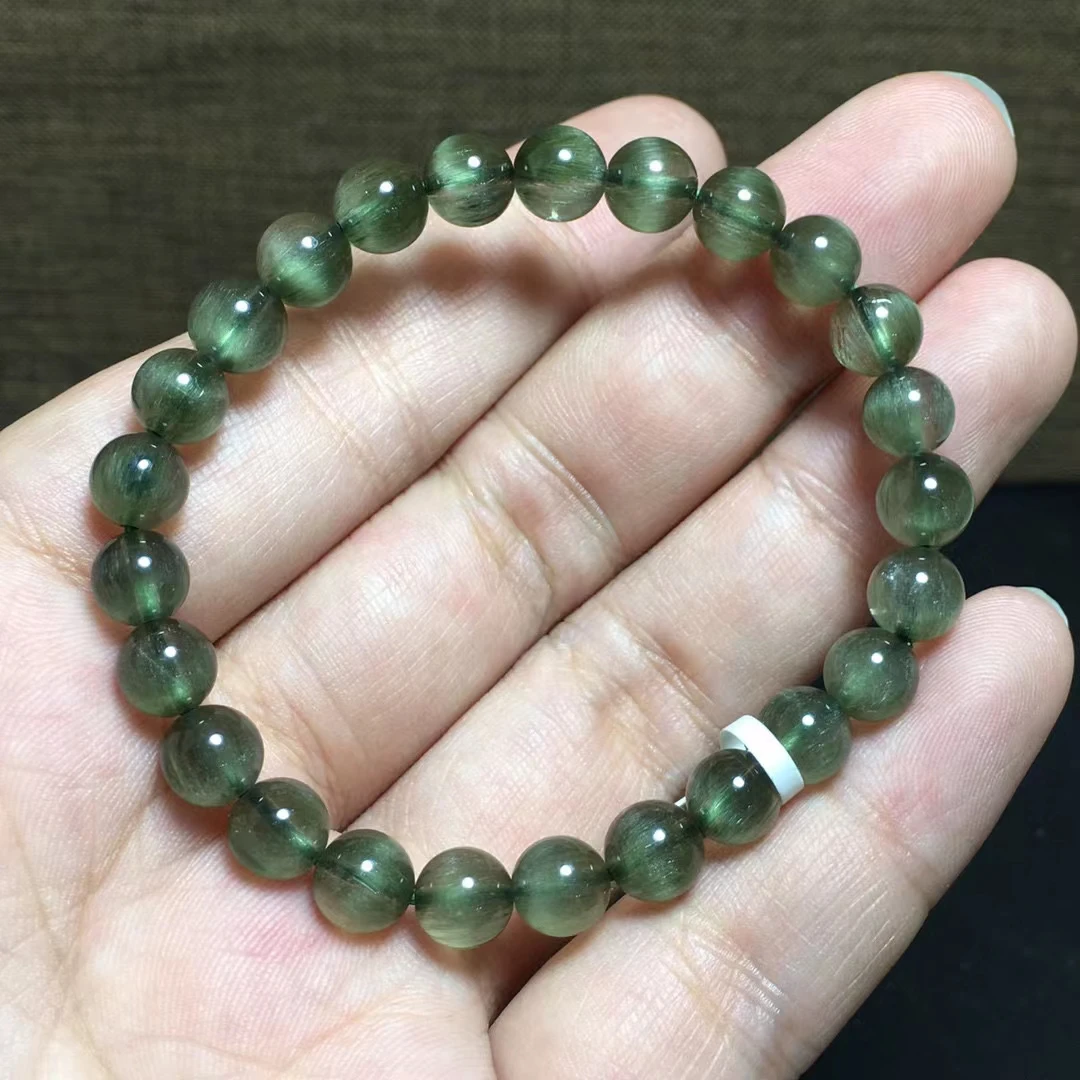 

Natural Green Rutilated Quartz Cat Eye Bracelet Brazil 7mm Stretch Crystal Fashion Round Beads AAAAA