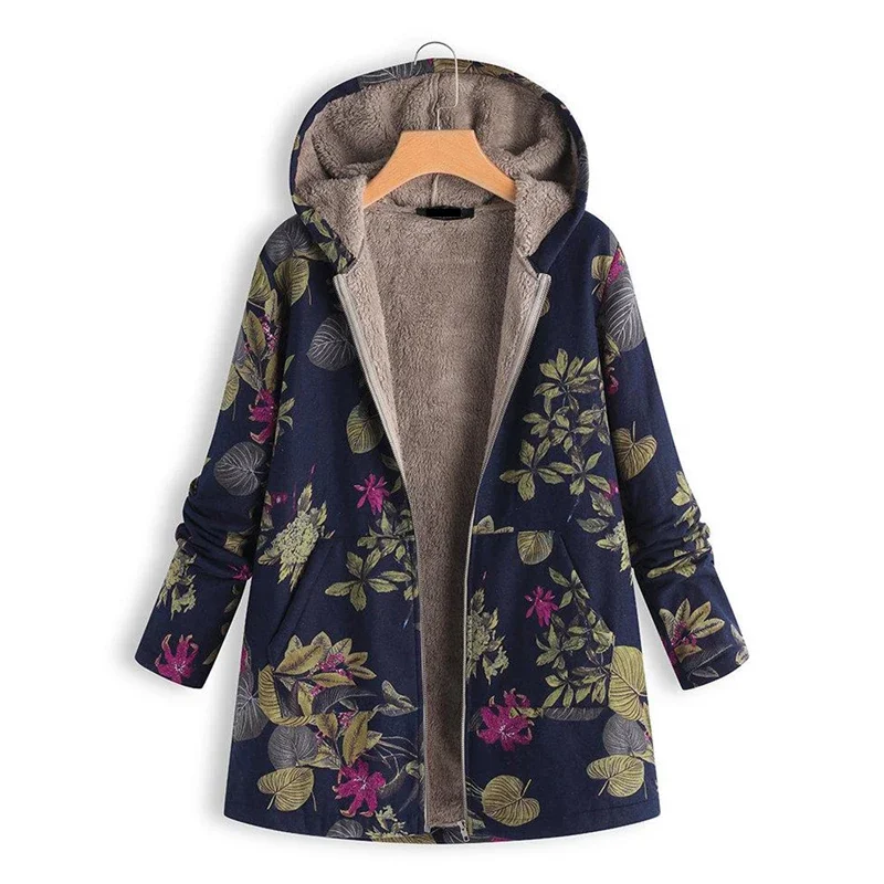 Women Winter Warm Floral Hooded Jacket 2022 Flower Print Hoody Vintage Coats Winter Padded Jacket Women Parkas