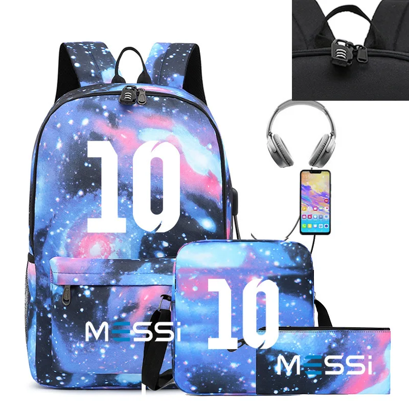 Messi Backpack 3pcs Usb Waterproof Backpack Casual Travel Backpack Women Men Large Capacity Travel Laptop Backpack School Bags