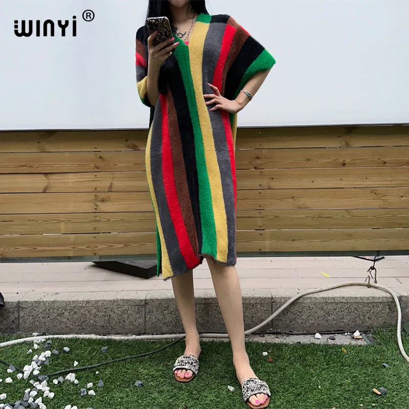 WINYI stripe color Comfortable imitation mink fur high elastic tight fitting knitted winter dress Elegant Women winter clothes