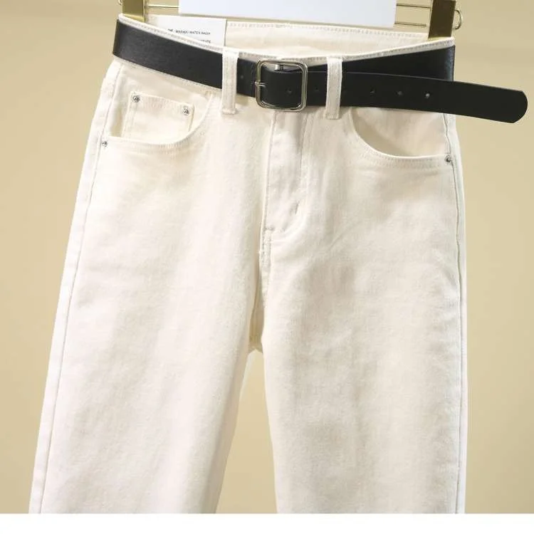 

High Waist White Jeans Women Loose Thirteen Lines Spring Cleanfit Sle mid Elastic PU Fabric for Middle-Aged Women