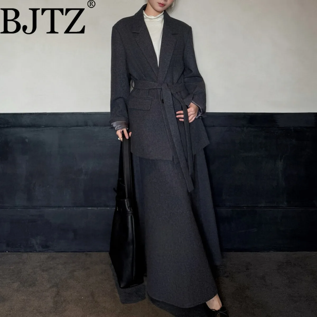 

BJTZ Women’s Minimalist Belted Waist Blazer, Autumn Winter Elegant Office Wear Long Sleeve Tailored Jacket For Work To Evening