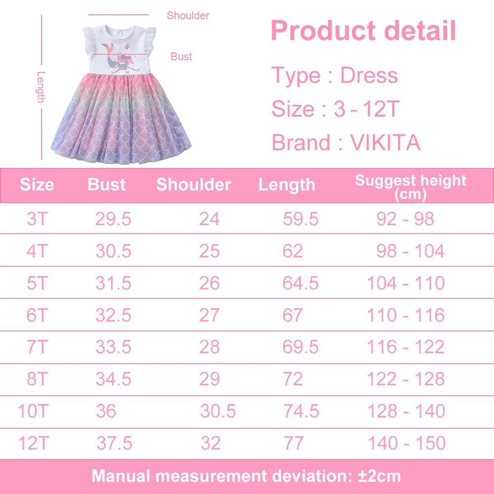 VIKITA Kids Mermaid Print Dress Kids Flare Sleeve Summer Infantil Vestidos Girls Mesh Tulle Tutu Princess Party Dresses 3-8 Yrs