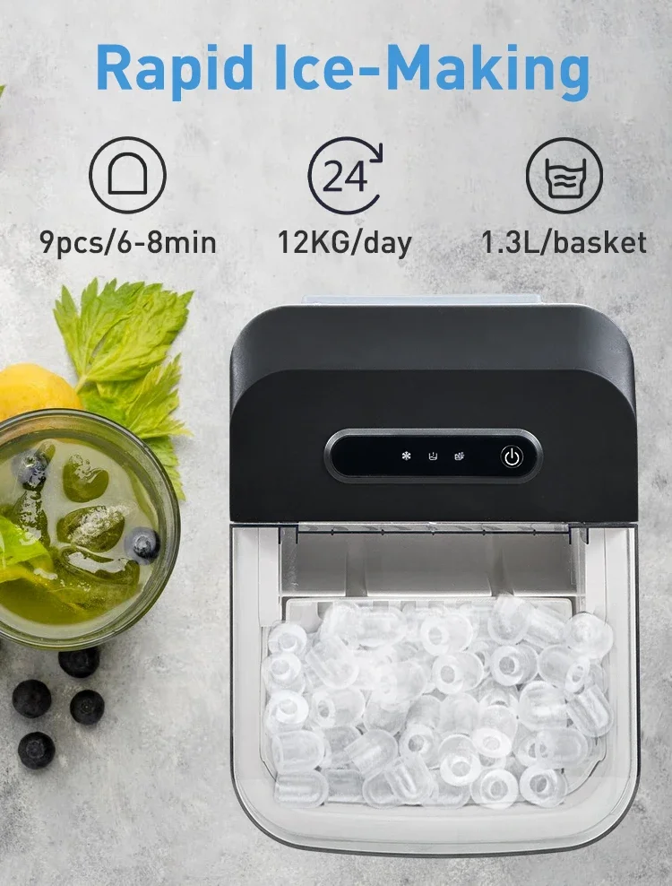 12Kg/24H Portable Ice Maker Self-Cleaning Countertop Ice Machine 2 Sizes Bullet Ice Cubes For Home Kitchen Office Bar Party