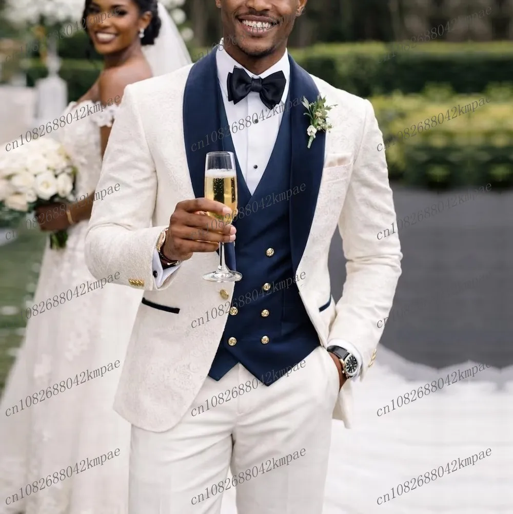 

White And Navy Blue Men Suit Formal Groom Groomsman Wedding Party Prom Business Male Tuxedos 3 Piece Set Blazer Vest Pants