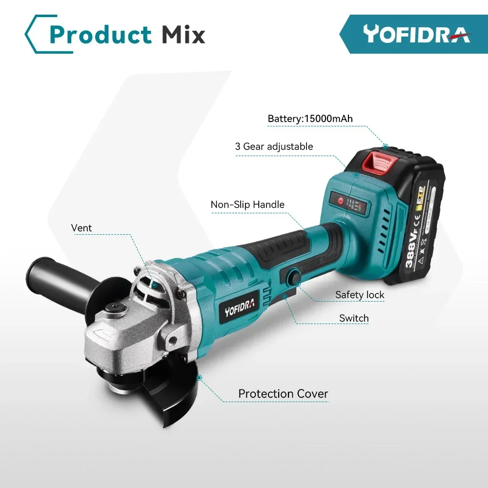 Yofidra 2500W 100mm Brushless Angle Grinder 3 Gears Cordless Cutting Polishing Woodworking Power Tool For Makita 18V Battery