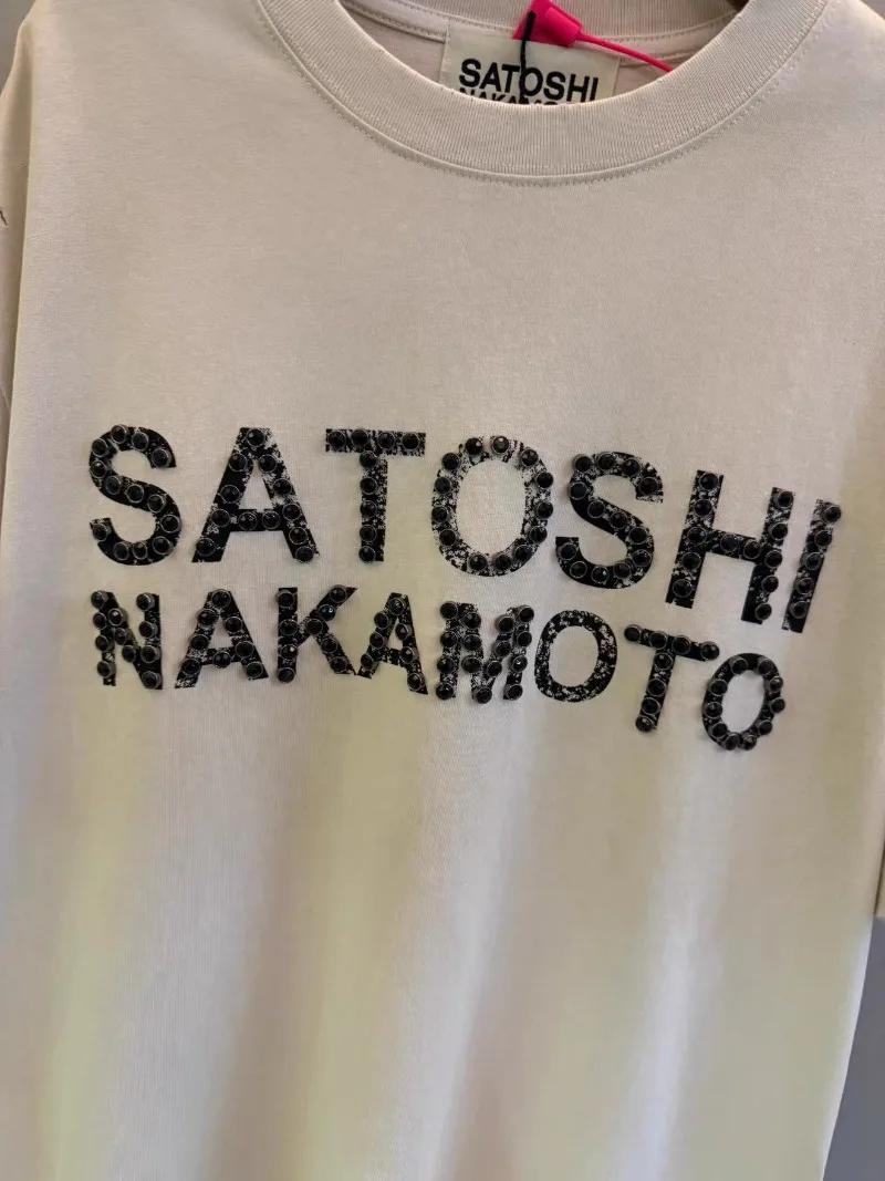 Oversized Satoshi Nakamoto Studded Logo T-Shirts Men Women High Quality White Washed Short Sleeve T Shirts