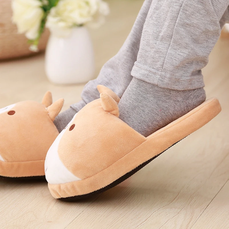 Lovely Corgi Dog Slippers Cartoon Cute Double Shiba Inu Warm Plush Slippers Home Slip Cotton Pad Shoes One Size Women Shoes