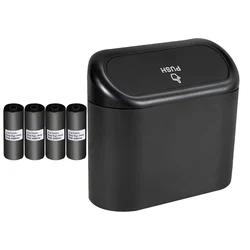 1L Car Interior Storage Box Trash Can with 4 Rolls (60pcs) Trash Bags ABS Mini Trash Can with Lid with Trash Bag Car Storage Bin