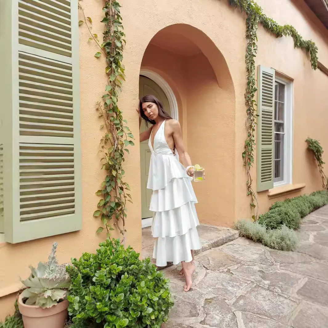 Vestido longo em camadas de bolo sem laço com decote em v, vestido de festa casual, uso diário