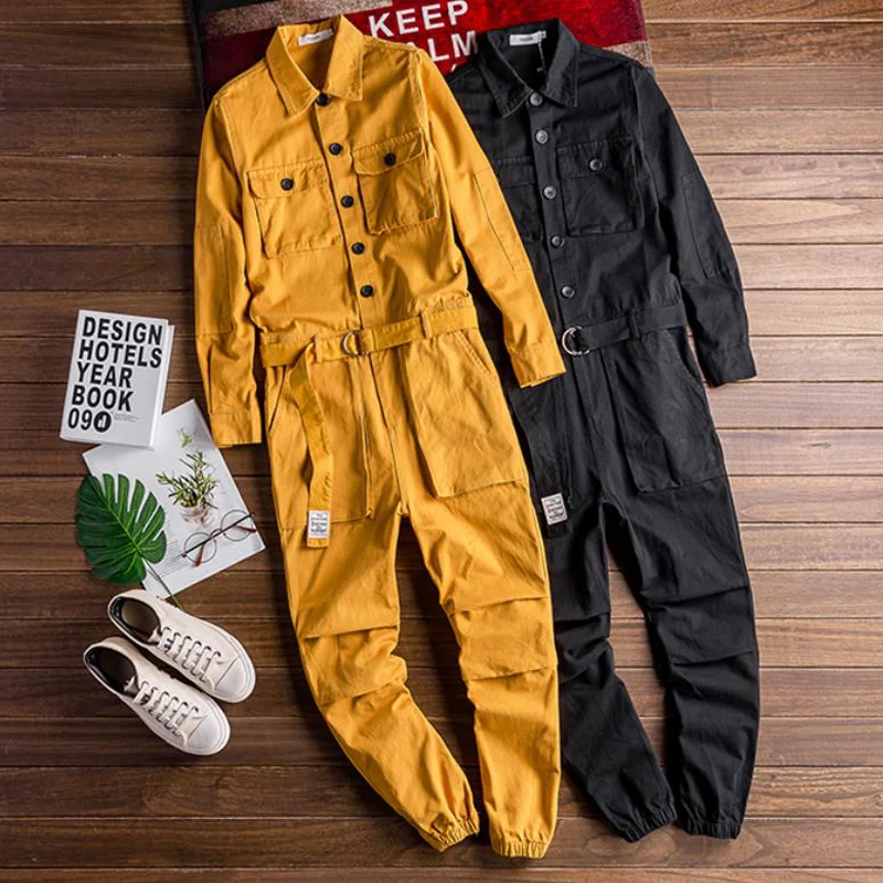 

Jeans Men Men's Jumpsuit Lapel Long Sleeve Multi-Pocket Ankle Length Beam Feet Overalls Fashion Black Yellow Freight Trousers