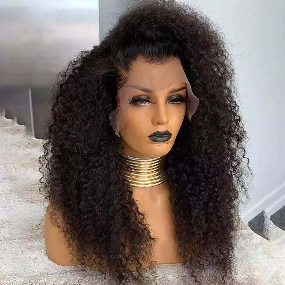 Soft 26 “ Long Kinky Curly Natural Black 180Density Lace Front Wig For Women Babyhair Preplucked Heat Resistant Glueless Daily