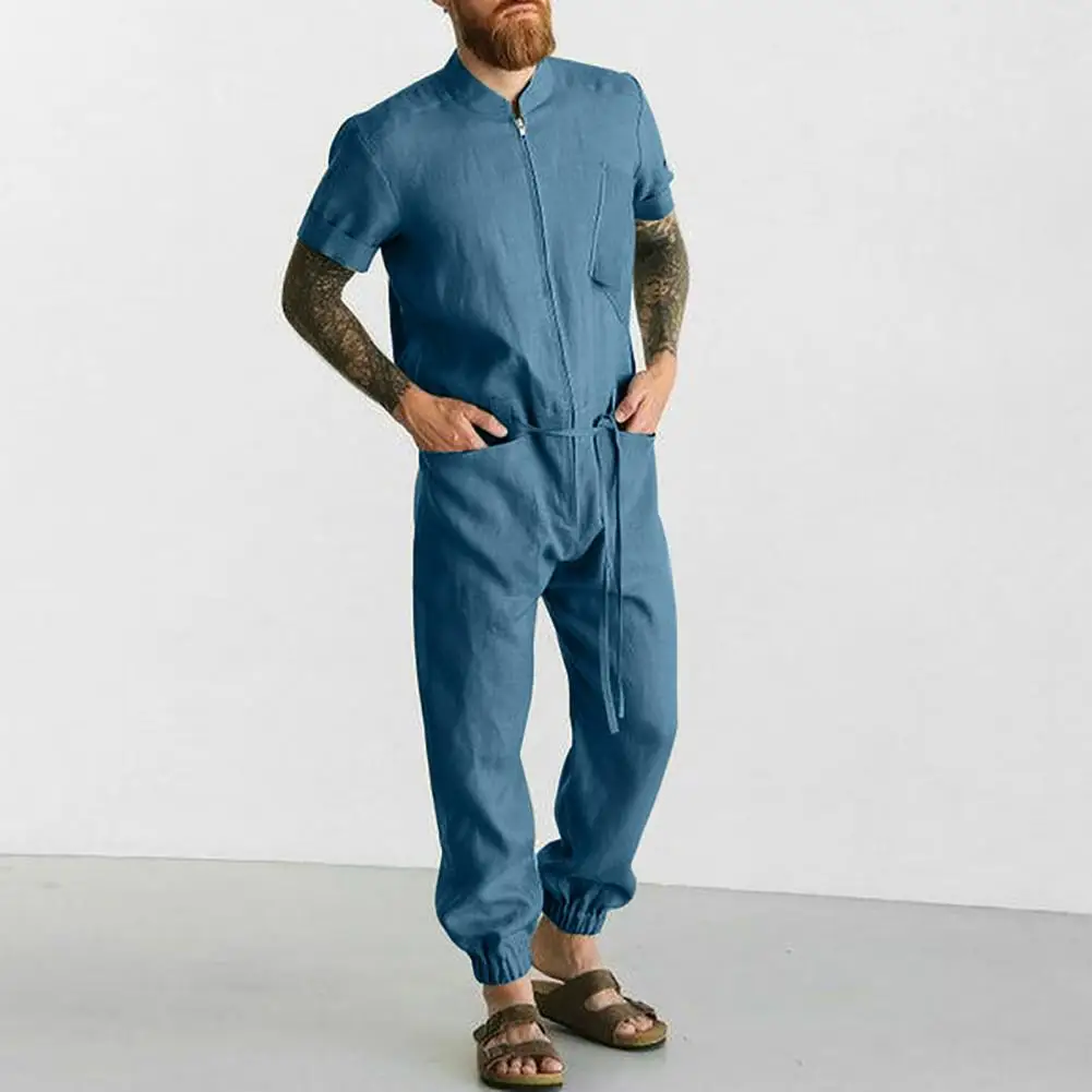 Men Jumpsuit Solid Color Short Sleeves Patch Pocket Zipper Fly Stand Collar Summer Romper One-piece Casual Overalls Trousers