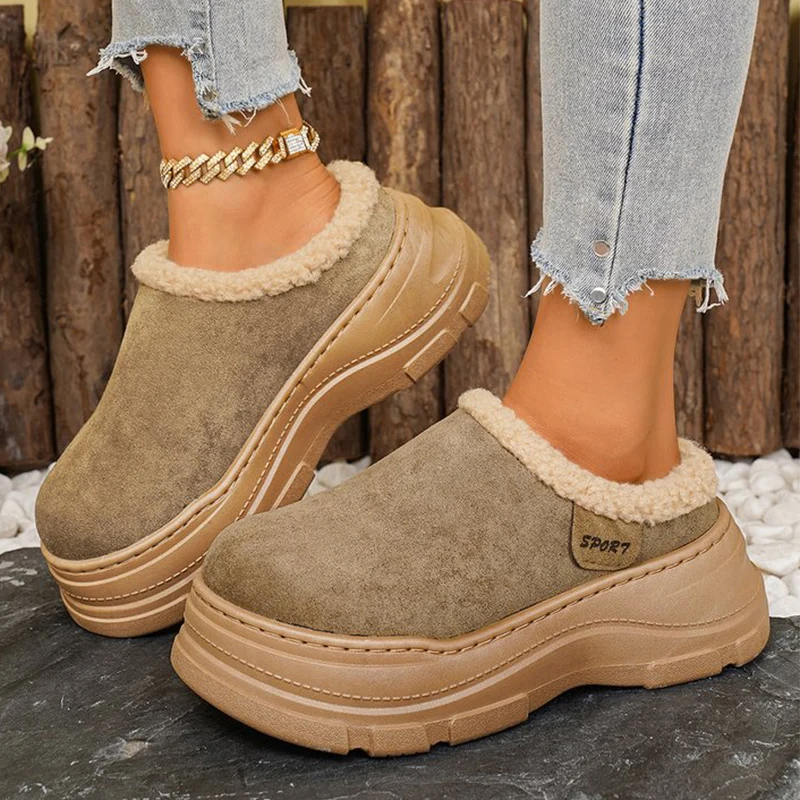 

Thick Bottom Fleece Ankle Boots Women Plus Size 45 Chunky Platform Snow Boots Woman Low Top High Heel Winter Warm Shoes Female