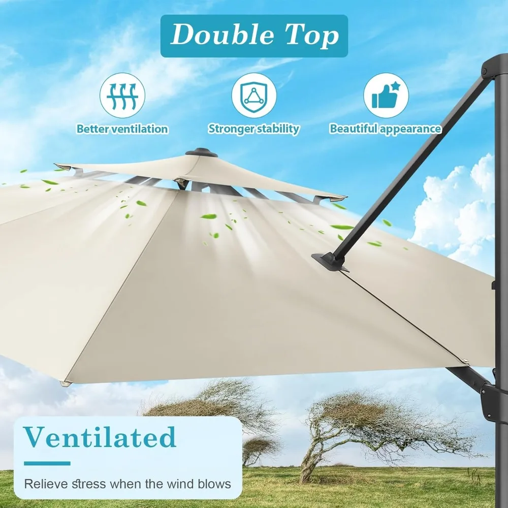 مظلة ناتئ مطورة بطول 10 × 10 أقدام مع سطح مزدوج، ودوران 360 درجة وتعديل 5 زوايا - ألومنيوم