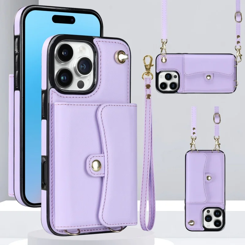 

For iPhone 16 E 15 14 13 12 11 XS Pro Max Plus Mini XR Luxury Leather Wallet Phone Protective Case With Hanging Rope And Bracket