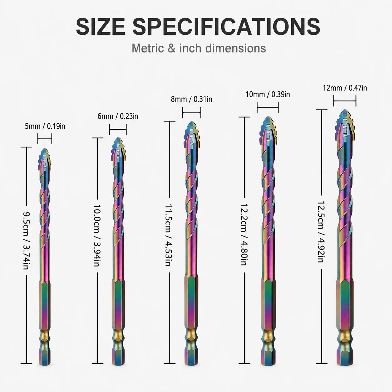 5Pcs Hex Shank Masonry Drill Bits Set, Carbide Tip Multifunctional Drill Bits for Tile, Brick, Concrete, Wood & Glass Drilling