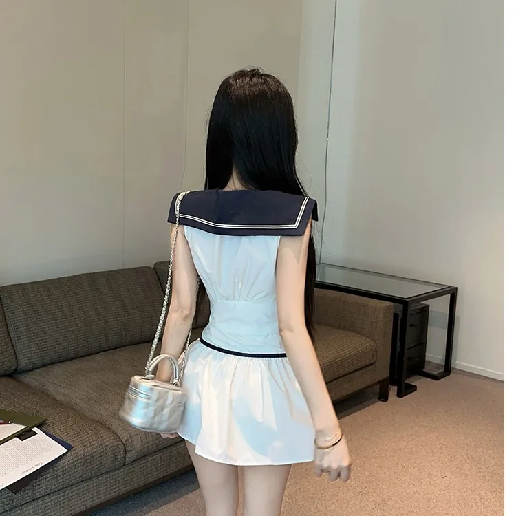 Conjunto de roupa de verão com gola marinha Svel College Sle cintura alta saia evasê conjunto de duas peças conjunto Faion feminino