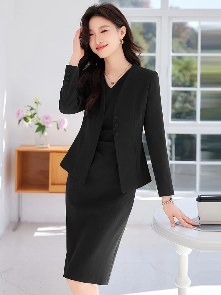 Setelan Bisnis Wanita Formal Gaya Elegan Set Blazer Pakaian Kerja Kantor Profesional dengan Gaun dan Jaket Mantel Wawancara Karir