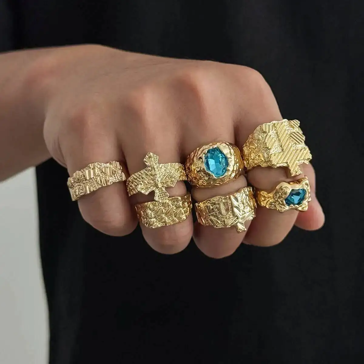 SHIXIN 7 PCS/Set Hip Hop Punk Irregular Metal Texture Open Ring Men 2026 New Exquisite Geometric Rhinestone Rings Street Jewelry
